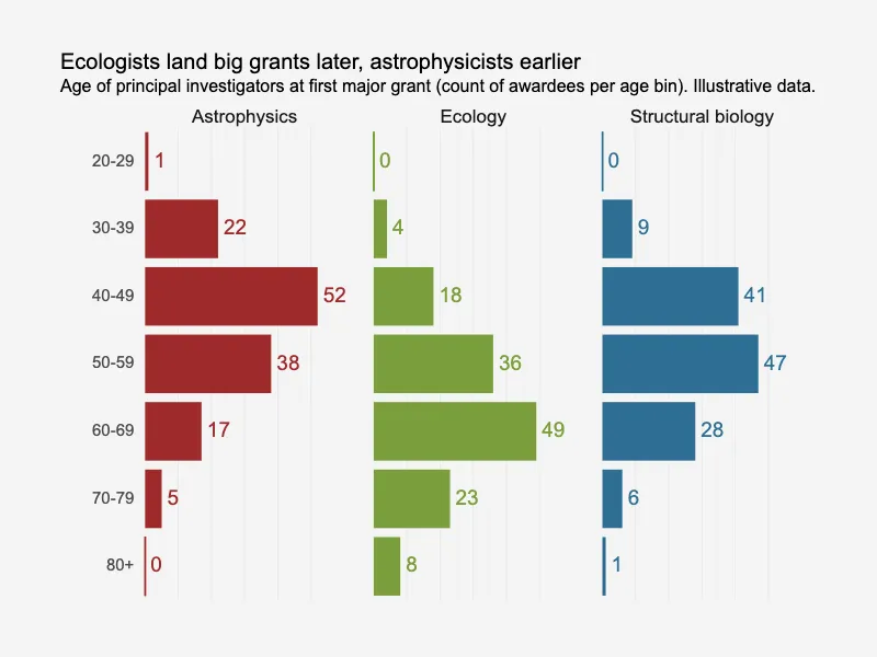 Split bars: three groups across nine bins Split bars: three groups across nine bins