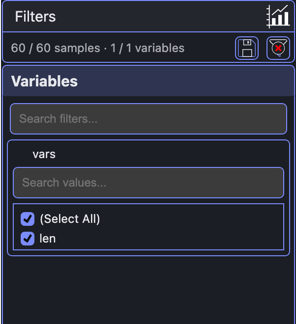 modern style, dark: the data filter panel